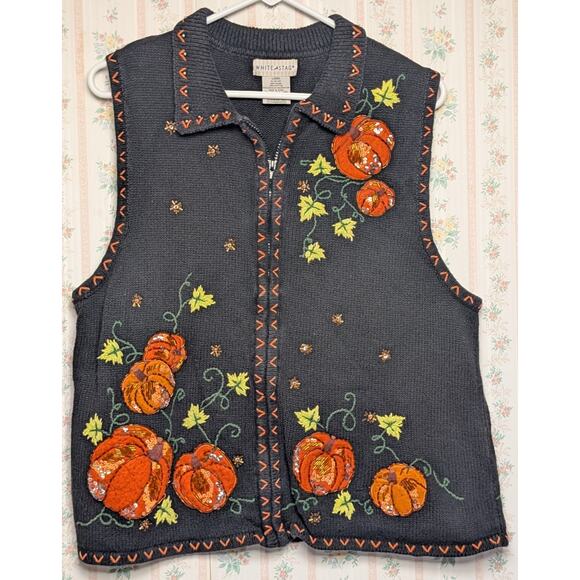 Vtg Pumpkin Patch Sweater Vest WOMENS SIZE XL(16/18) White Stag Black Halloween - Picture 1 of 7